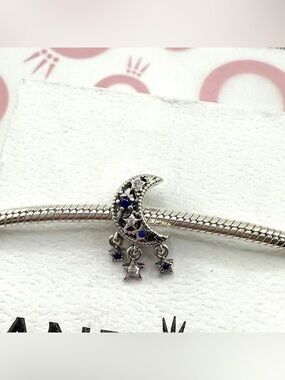Pandora Silver Crescent Moon Charm with Blue Accents